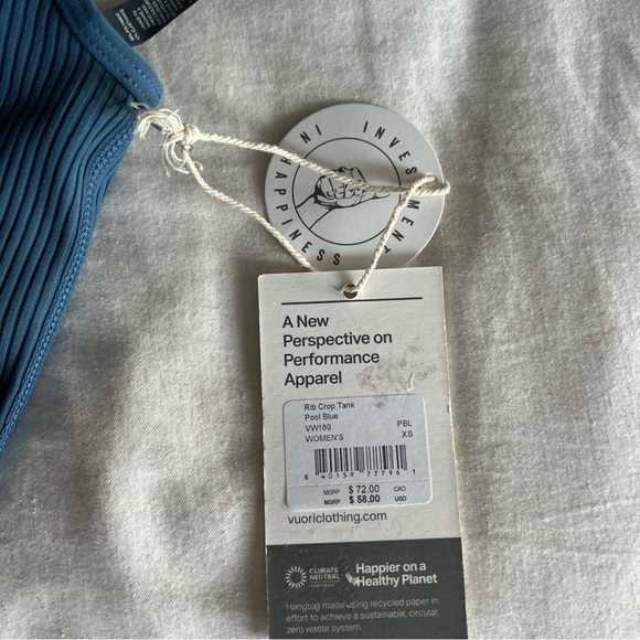 Vuori Rib Crop Tank Top Women's Size XS Pool BlueRibbed Activewear Yoga NWT - Picture 7 of 8